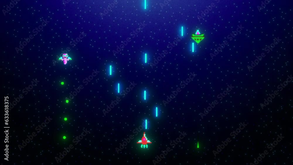 Classic Retro Arcade Space Shooter Computer Game Animation. Galactic War in Modern Colors. Space Ship Shooting Aliens With Lasers Pixelated 2D Gameplay.