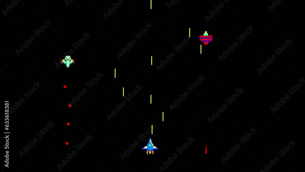 Retro Space Arcade. Video Game Gameplay Animation. Spaceship destroy alien ships. Cartoon Motion Design. 4K video. Without HUD, GUI.