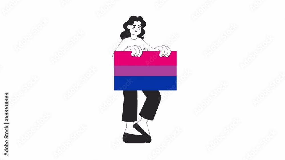 Black Young Woman Holding Bisexual Flag Bw 2d Character Animation Pride Parade Outline Cartoon 0542