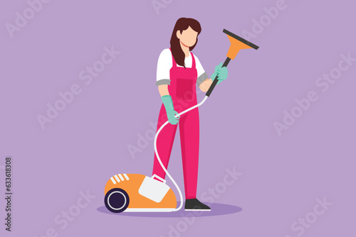 Character flat drawing young beautiful woman works at home, do cleaning in work uniform. Home vacuum cleaner. Household home appliances. Disinfection and cleaning. Cartoon design vector illustration
