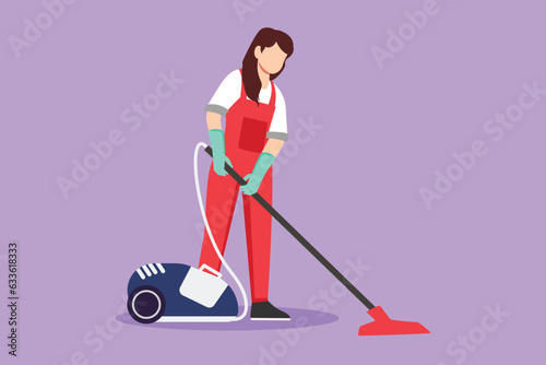 Character flat drawing of beautiful female professional busy janitor vacuum cleaning indoor, floor office cleaning, young, happy, wearing uniform, protective glove. Cartoon design vector illustration