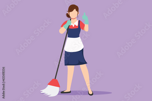 Graphic flat design drawing floor care, cleaning services with washing mop in sterile factory or clean hospital. Cleaning woman service. Professional cleaning staff. Cartoon style vector illustration