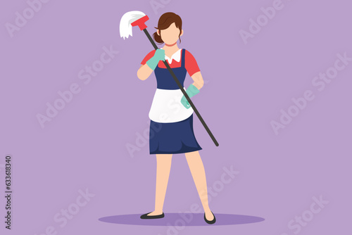 Graphic flat design drawing happy female cleaning staff member holding mop in gloves on blue background. Concept of different people like working in cleaning service. Cartoon style vector illustration
