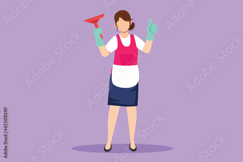 Graphic flat design drawing window cleaner in uniform with professional equipment for cleaning windows. Woman cleaning, rub windows of building using spray and wiper. Cartoon style vector illustration
