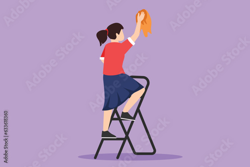 Cartoon flat style drawing window washer is cleaning window using squeegee. Housekeeping service. Beautiful woman cleaner standing on ladder and washing with sponge. Graphic design vector illustration