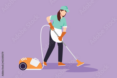 Cartoon flat style drawing beautiful woman with vacuum cleaners of various types isolated on blue background. Washing, cleaning service. Disinfection and cleaning. Graphic design vector illustration