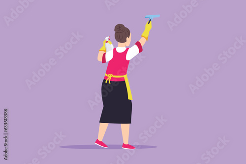Cartoon flat style drawing back view pretty woman janitors cleaners cleaning windows with cleaning tools. Professional employee of cleaning company working process. Graphic design vector illustration