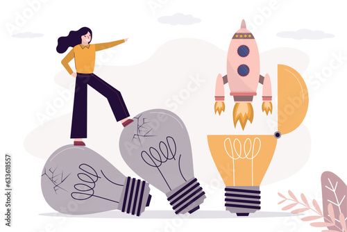 Learn from mistakes, not afraid of failure. Businesswoman stands on broken lightbulbs and points to rocket taking off. Open illuminating idea bulb and spaceship starts. Innovative projec