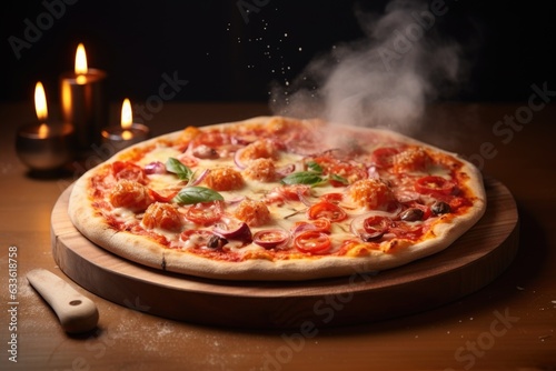 steaming hot pizza on a wooden chopping board