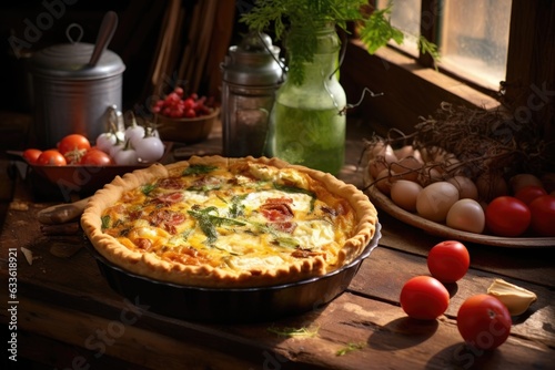 freshly baked quiche cooling on a rustic wooden table