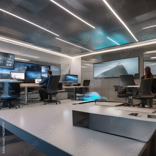 A high-tech office with holographic workstations, where employees collaborate with AI-powered virtual coworkers2