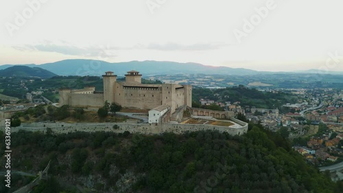 Rocca Albornoziana fortress of Spoleto in Italy. Aerial circling view photo
