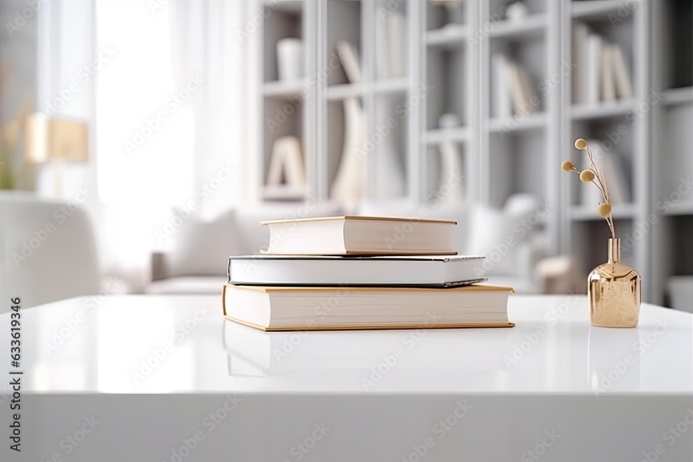 Close - up Modern white table top with free space to edit your product display with books above the living room blurred in the background Close - up Modern white table top with free space to edit your product display with books above the living room blurred in the background