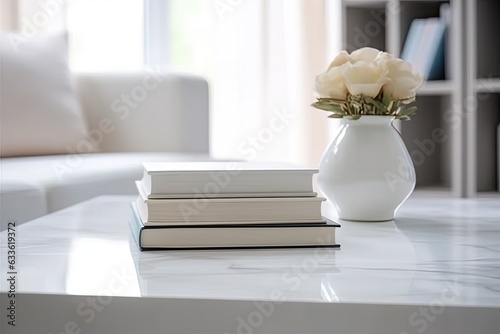 Close - up Modern white table top with free space to edit your product display with books above the living room blurred in the background