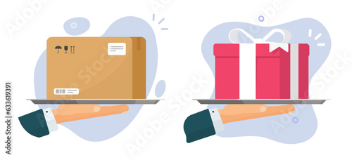 Box package parcel delivery receive hand icon vector, red gift present paper pack prize giving graphic illustration, flat order shipping courier person man, postal service image clipart