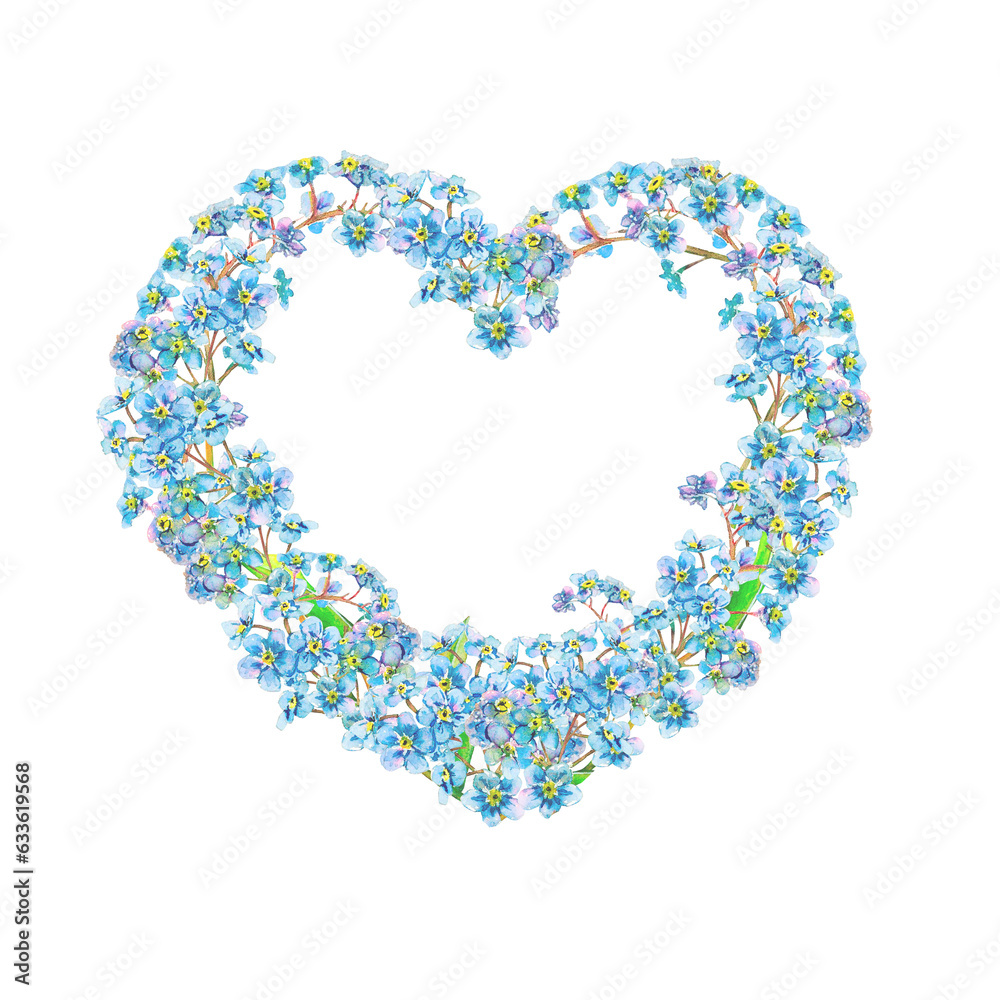 Forget-me-not flowers heart frame hand-drawn on white background. Tender watercolor illustration of flower heads isolated. Meadow wildflower scillfully painted for logo, postcards, invitations