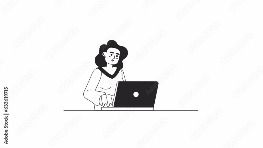 Hispanic adult woman on laptop bw 2D character animation. Female student at desk outline cartoon 4K video, alpha channel. Young latina woman shrugging hand animated person isolated on white background Hispanic adult woman on laptop bw 2D character animation. Female student at desk outline cartoon 4K video, alpha channel. Young latina woman shrugging hand animated person isolated on white background