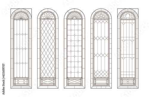 Glass church windows. Catholic black and white arches.