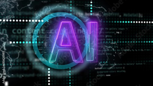 artificial intelligence text title shortcut icon with glowing neon striped beams. Blue and violet lasers shine with programming software code in background overlay. 4k video