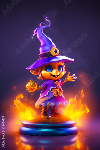 Illustration of cute cartoon little witch isolated on dark background. Halloween theme