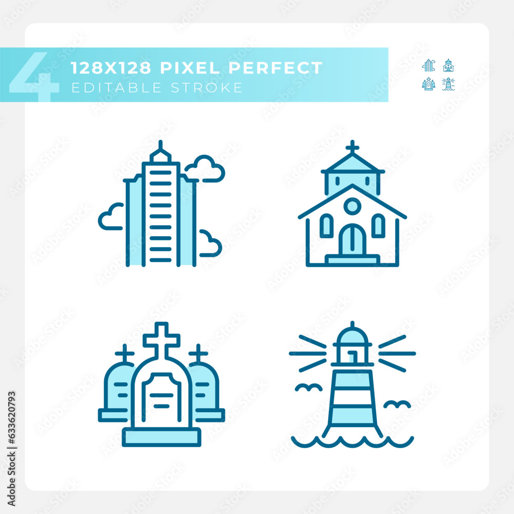 Blue icons set representing various buildings, editable thin line illustration. Blue icons set representing various buildings, editable thin line illustration.