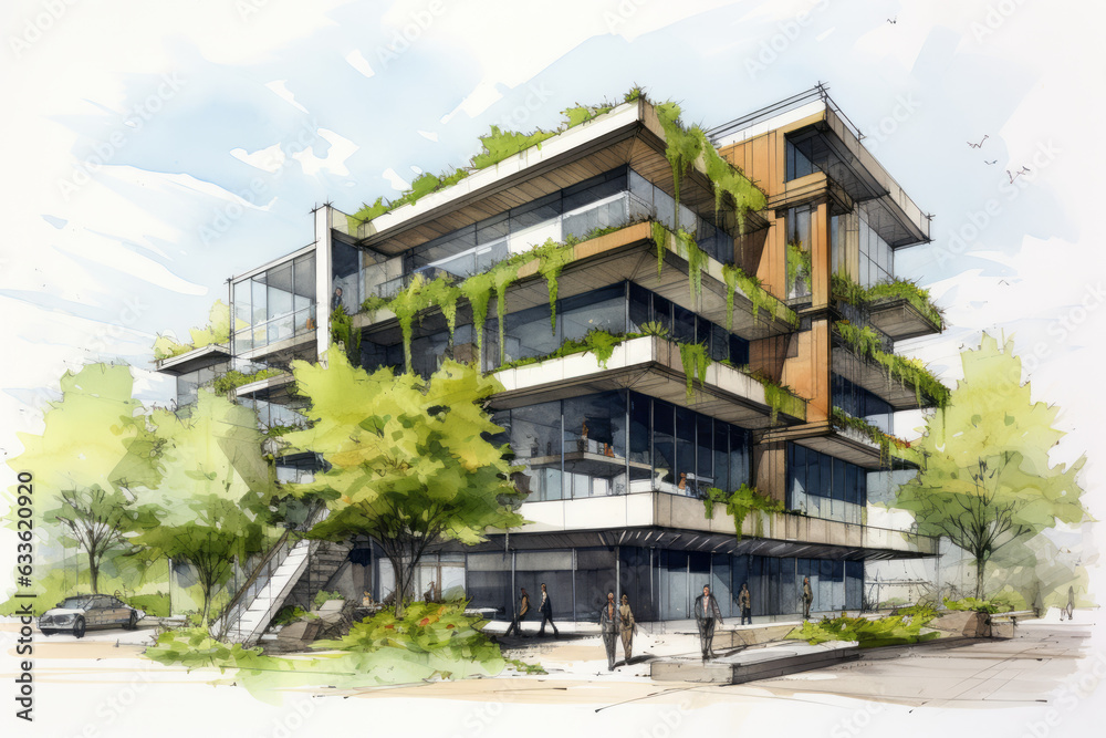Sustainable Office Building Sketch with Vibrant Green Roof