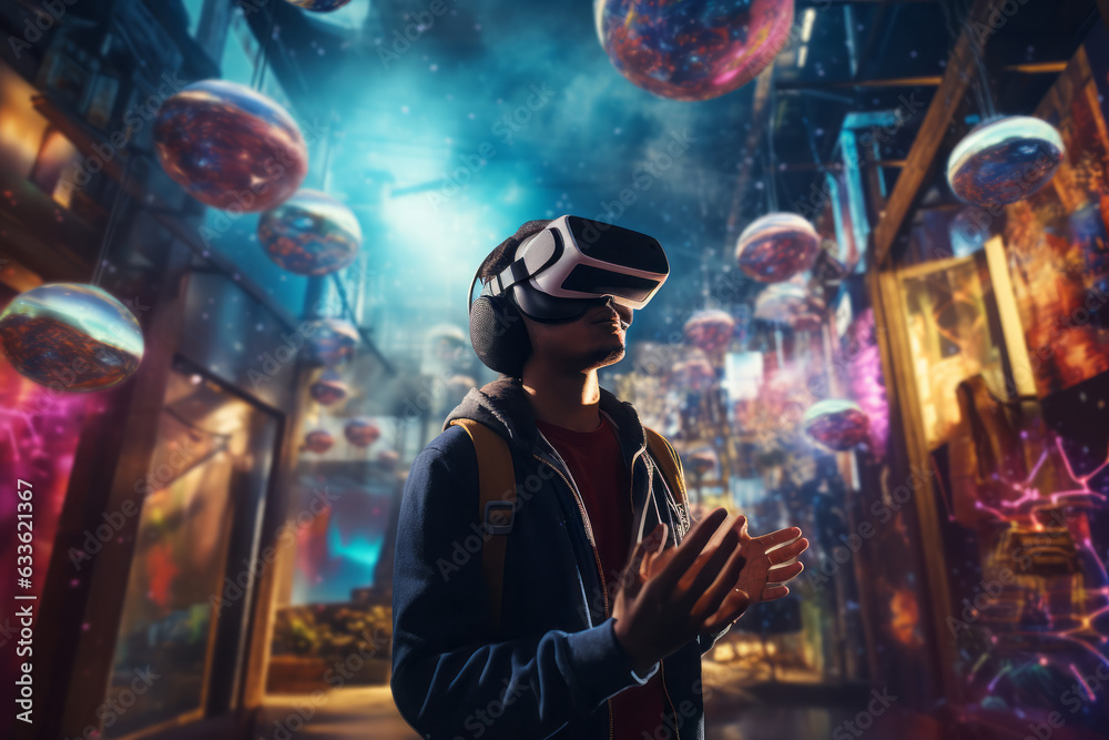 User immersed in augmented reality environment wearing a VR headset User immersed in augmented reality environment wearing a VR headset