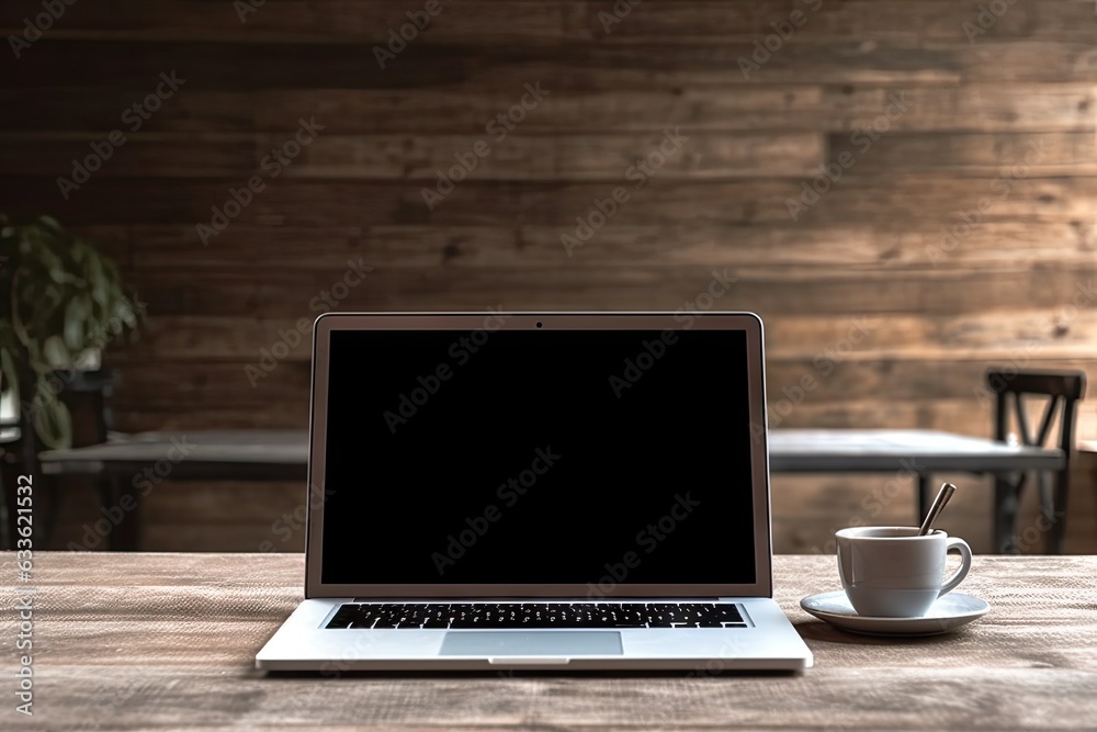 Modern lifestyle. Coffee shop office. Laptop and cup on stylish cafe table for remote work. Business concept Modern lifestyle. Coffee shop office. Laptop and cup on stylish cafe table for remote work. Business concept