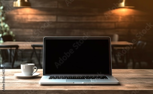 Modern lifestyle. Coffee shop office. Laptop and cup on stylish cafe table for remote work. Business concept
