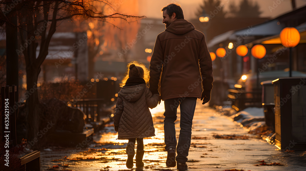 Back view of a father holding his daughters hand and walking in the ...
