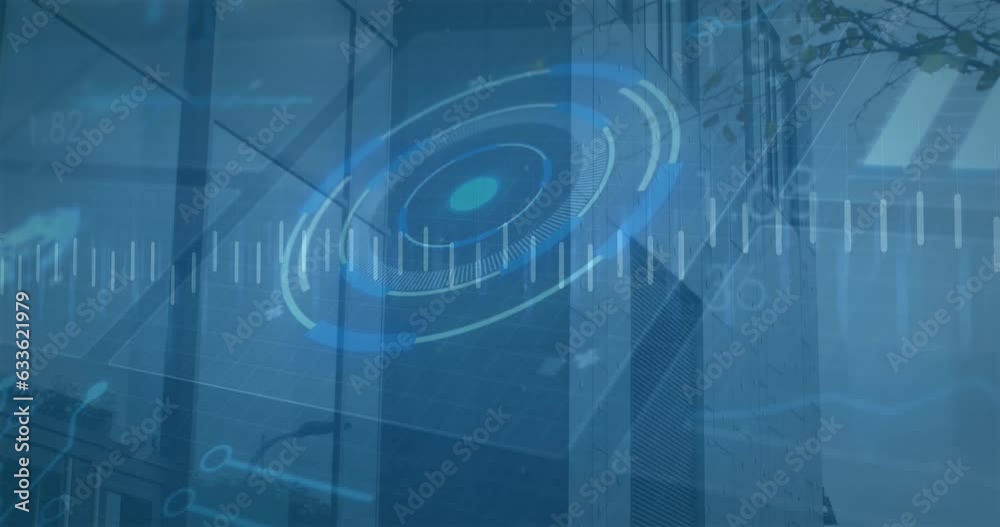 Animation of loading circles, lines and graphs over modern building against sky Animation of loading circles, lines and graphs over modern building against sky