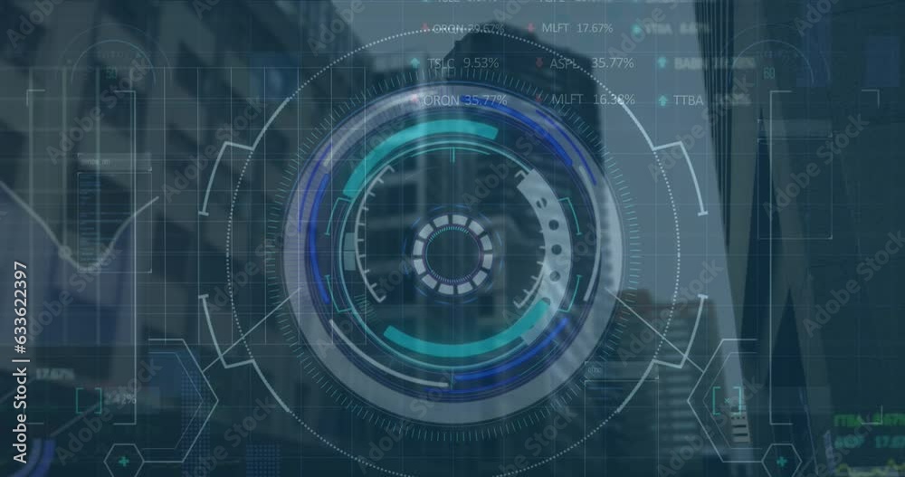 Animation of loading circles, graphs and trading board over modern buildings against sky Animation of loading circles, graphs and trading board over modern buildings against sky