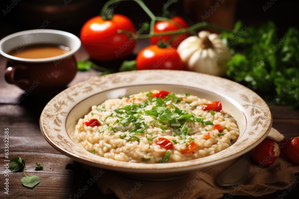 risotto garnished with parsley and cherry tomatoes risotto garnished with parsley and cherry tomatoes