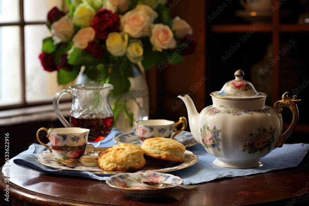 scones and tea set on a cozy table setting