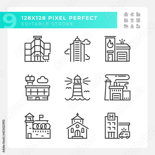Pixel perfect black icons representing various architecture, editable thin line illustration.