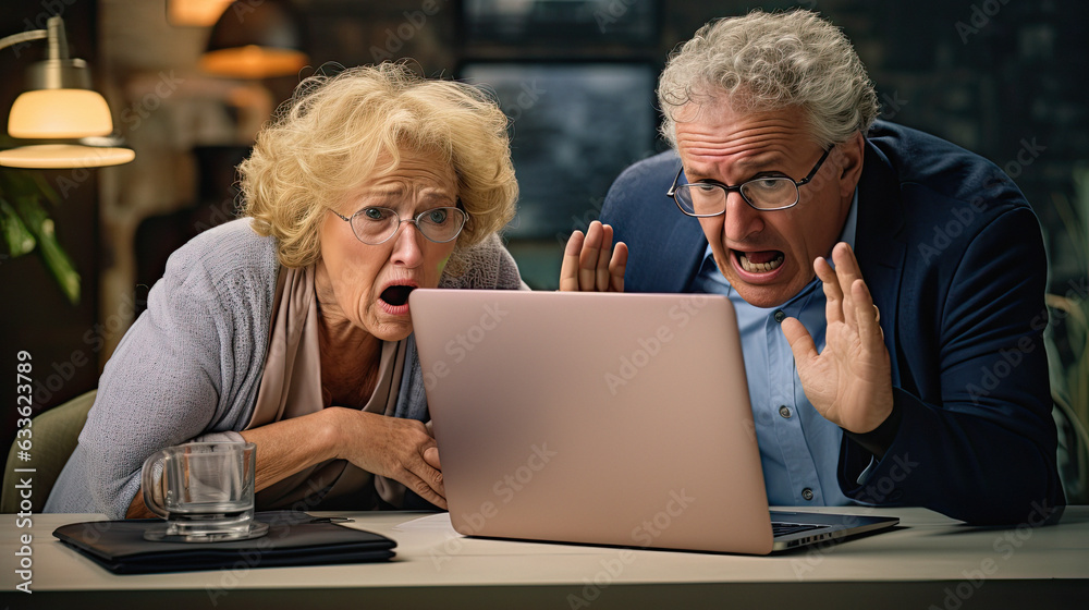 couple semi retired person, slumped over a compter frustrated by tech problems they cant solve, funny frustrated angry expression on face