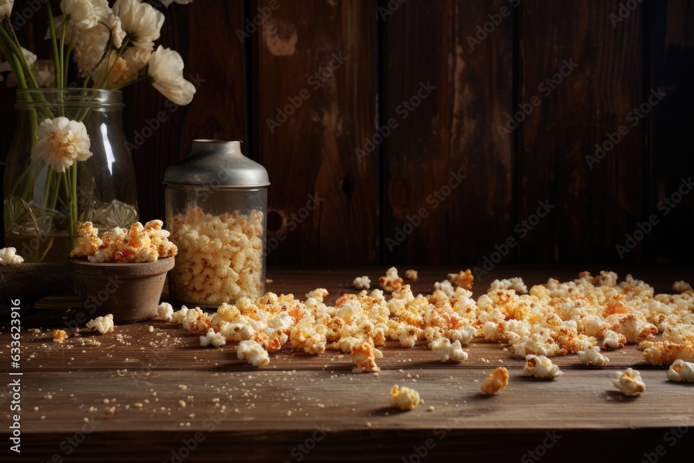popcorn scattered on a wooden table