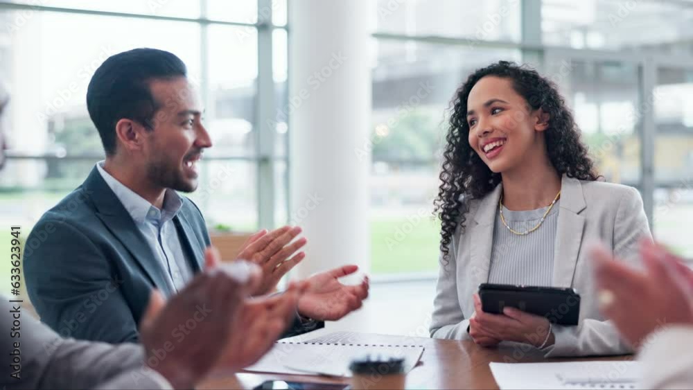 Winner, happy woman or business people clapping in a meeting for success, support or congratulations. Motivation, wow or team of proud employees with applause for goals, achievement or celebration Winner, happy woman or business people clapping in a meeting for success, support or congratulations. Motivation, wow or team of proud employees with applause for goals, achievement or celebration