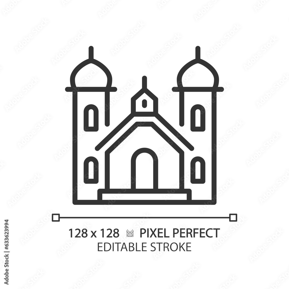 2D pixel perfect editable black religious building icon, isolated vector, thin line illustration.