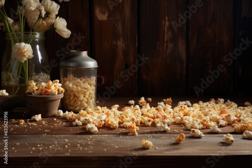 popcorn scattered on a wooden table