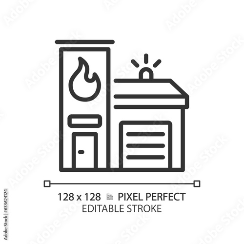 2D pixel perfect editable black fire brigade icon, isolated vector, building thin line illustration.