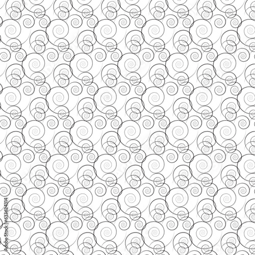 Black spirals on a white background. Contour drawing. Seamless pattern. Rapport with displacement. Abstract black and white ornament. Background for paper, cover, fabric, interior decor.