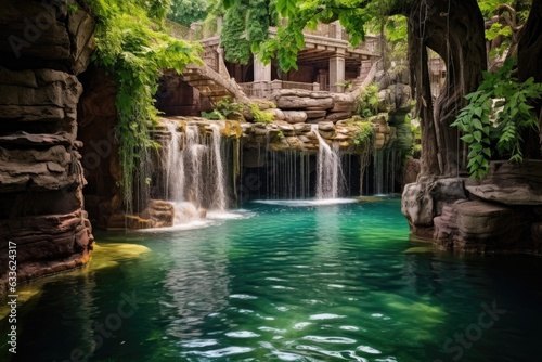 cascading waterfall flowing into a stunning natural swimming pool