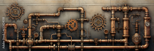 Steampunk backdrop with pipes on stucco wall