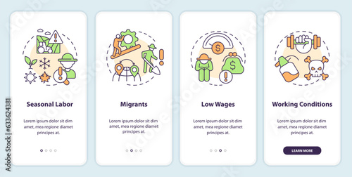 Labor issues in agriculture onboarding mobile app screen. Farm worker walkthrough 4 steps editable graphic instructions with linear concepts. UI, UX template. Myriad Pro-Bold, Regular fonts used
