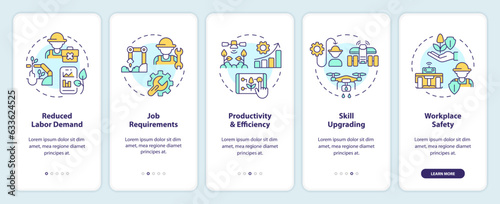 Labor impacts of agricultural automation onboarding mobile app screen. Walkthrough 5 steps editable graphic instructions with linear concepts. UI, UX, GUI template. Myriad Pro-Bold, Regular fonts used