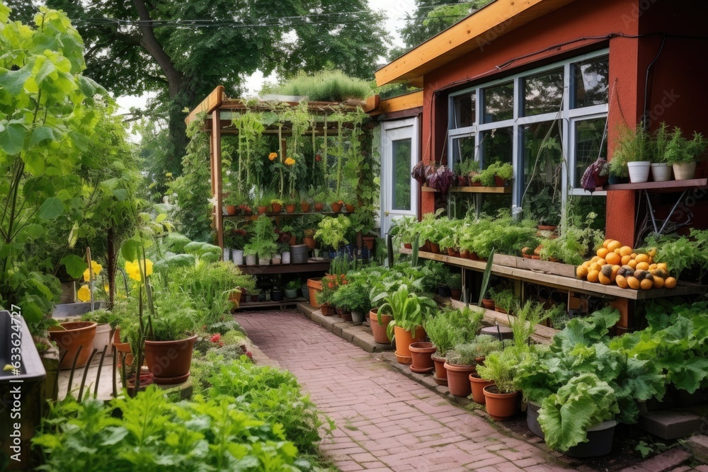 self-sufficient garden with various vegetables and herbs