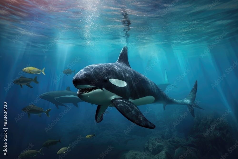 underwater view of orca stalking sealion prey