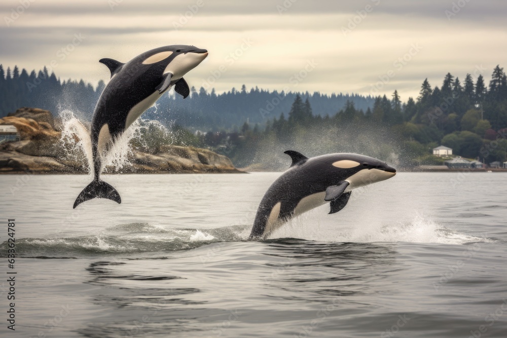 Obraz premium sealions leaping out of water to escape orca pursuit