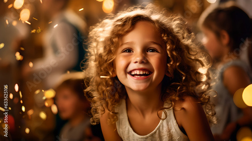 Portrait of joyful children smiling expresses good emotion at birthday party. Birthday party for kids